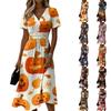 Women's Casual V Neck Short Sleeve Dress Halloween Print Midi Dress Relaxed Fit Floral Pattern Autumn Dress for Daily Wear