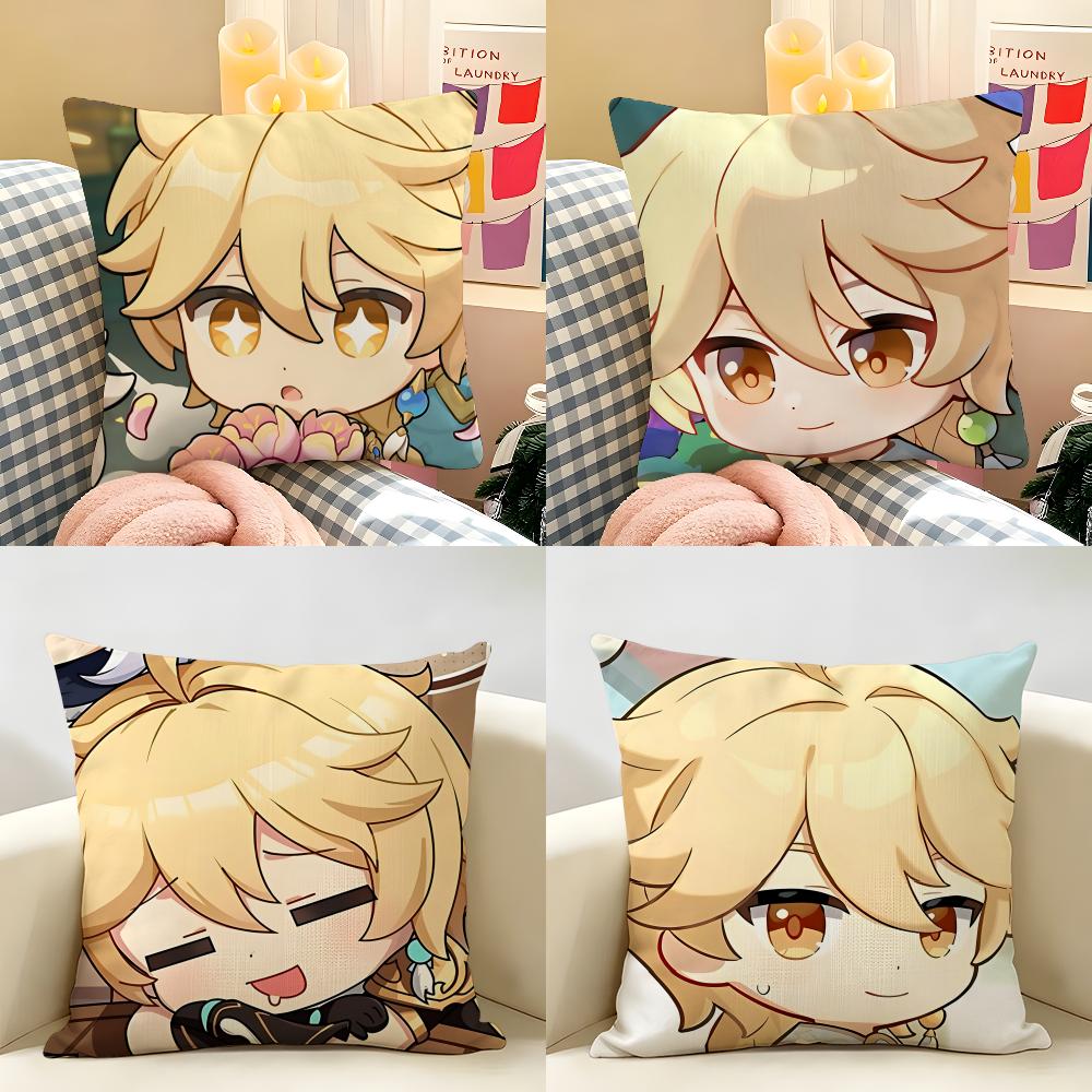 Aether Cute Genshin Game Cushion Cover Natural Linen Organic Fabric DoubleSided Printing Room Sofa Decor Pillow Case