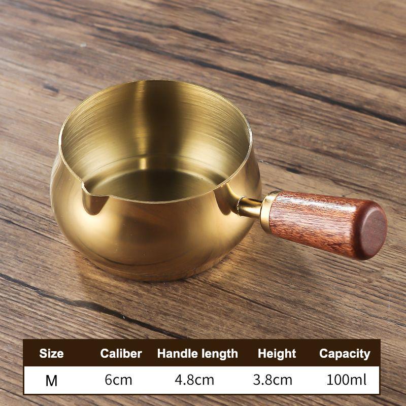 Stainless Steel Single Handle Sauce Cup with Wooden Grip - Gold/Silver Double Color Food-Grade Dipping Bowls for Kitchen Dining