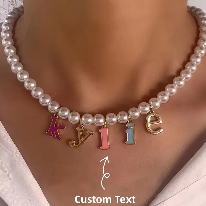 Custom Colorful Enamel Letter Name Necklace With Faux Pearl For Women Weddings & Engagements Personalized Jewelry Vintage Gift