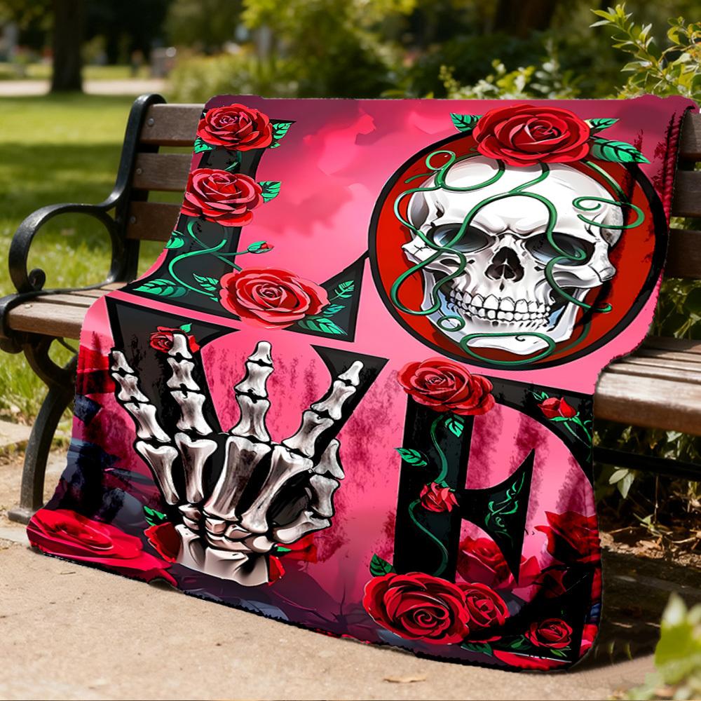 1pc Skull Roses Love Outdoor Blanket - Lightweight Flannel Throw For Travel, Camping, Gifts For Family Or Friends Yy251114268