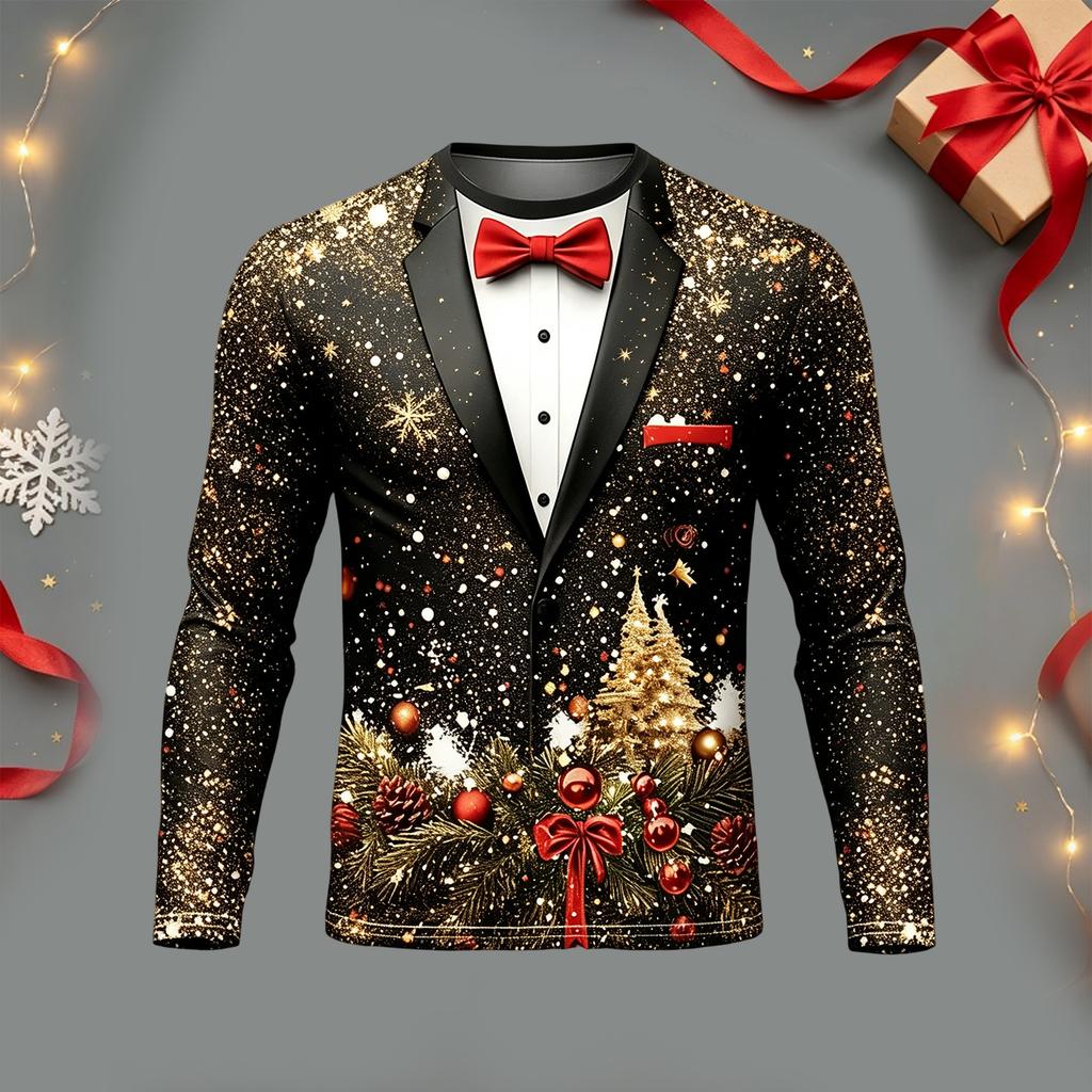Men's Casual Christmas Suit Print Long Sleeve T-Shirt Round Neck Tee for Holiday Party