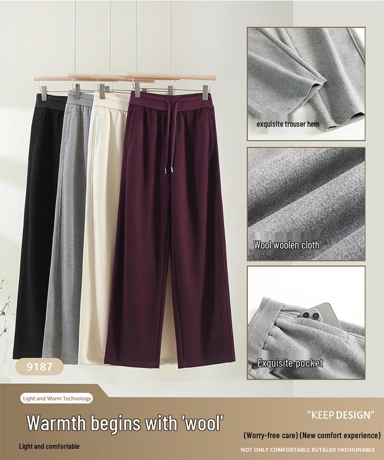 Women's Light Grey High-Waist Wide Leg Wool Pants - Casual Autumn Floor-Length Straight Sport Trousers