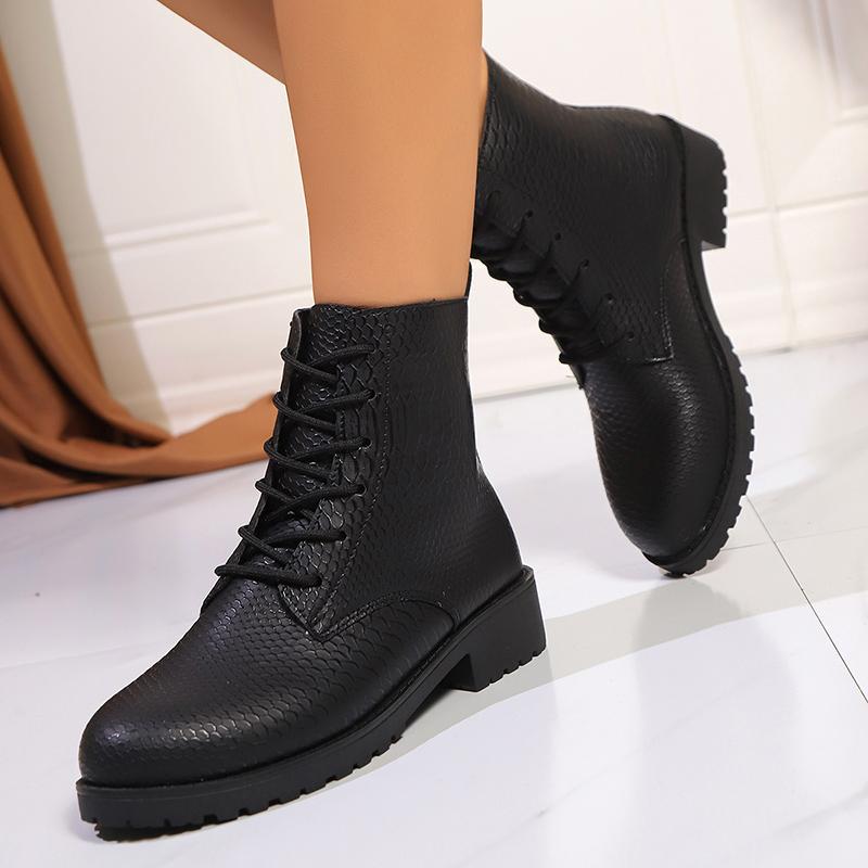 Lucyever Nadměrná velikost Podzimní Zimní Kotníkové Boty Dámské Šněrovací Nízké Podpatky Krátké Kotníkové Boty Mujer Černá PU Kůže Klasické Boty Žena