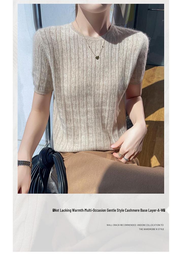 2024 Spring/Autumn Women's Soft Cashmere Loose Fit Short Sleeve Cable Knit Pullover.
