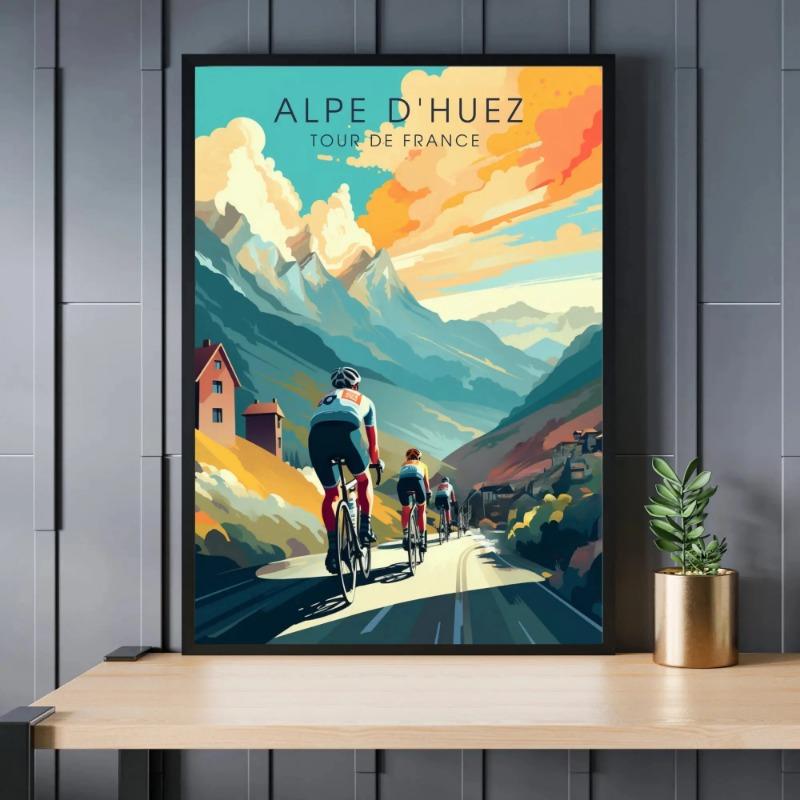 Bike and Cyclist Tour De France Poster Alpe D'Huez Circuit Landscape Prints Canvas Painting Wall Picture Living Room Home Decor