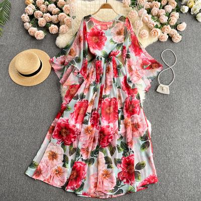 Summer Flower Series Elegant Print Fairy New Seaside Holiday Bell Sleeve Flowy Chiffon Dress