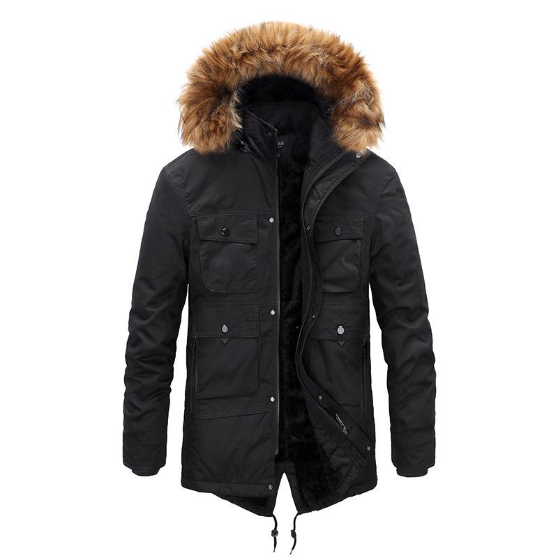 Winter Solid Color Velvet Mid-length Men's Washed Cotton Coat with Hooded Fur Collar and Detachable Multi-pocket Cotton Coat