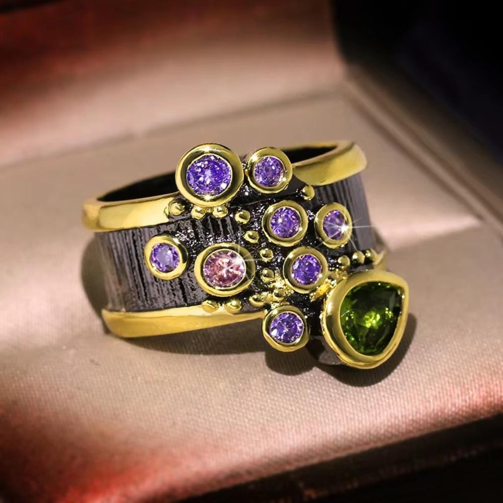 High-quality Black Ring with Green Zircon-hip-hop Style-non-fading-holiday Gift