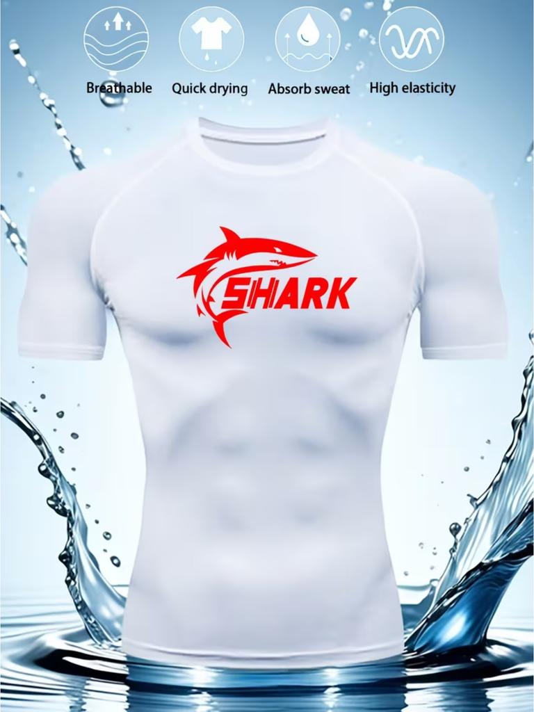 Mens White Compression Short Sleeve T-Shirt Red Shark Graphic Quick Dry High Elasticity Gym Workout And MMA Athletic Top