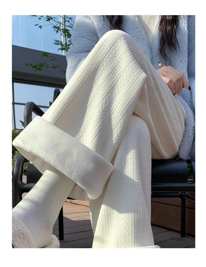 Petite Chenille Wide-Leg Fleece-Lined High-Waist Knitted Pants for Women - Autumn/Winter Wheat Ear Pattern