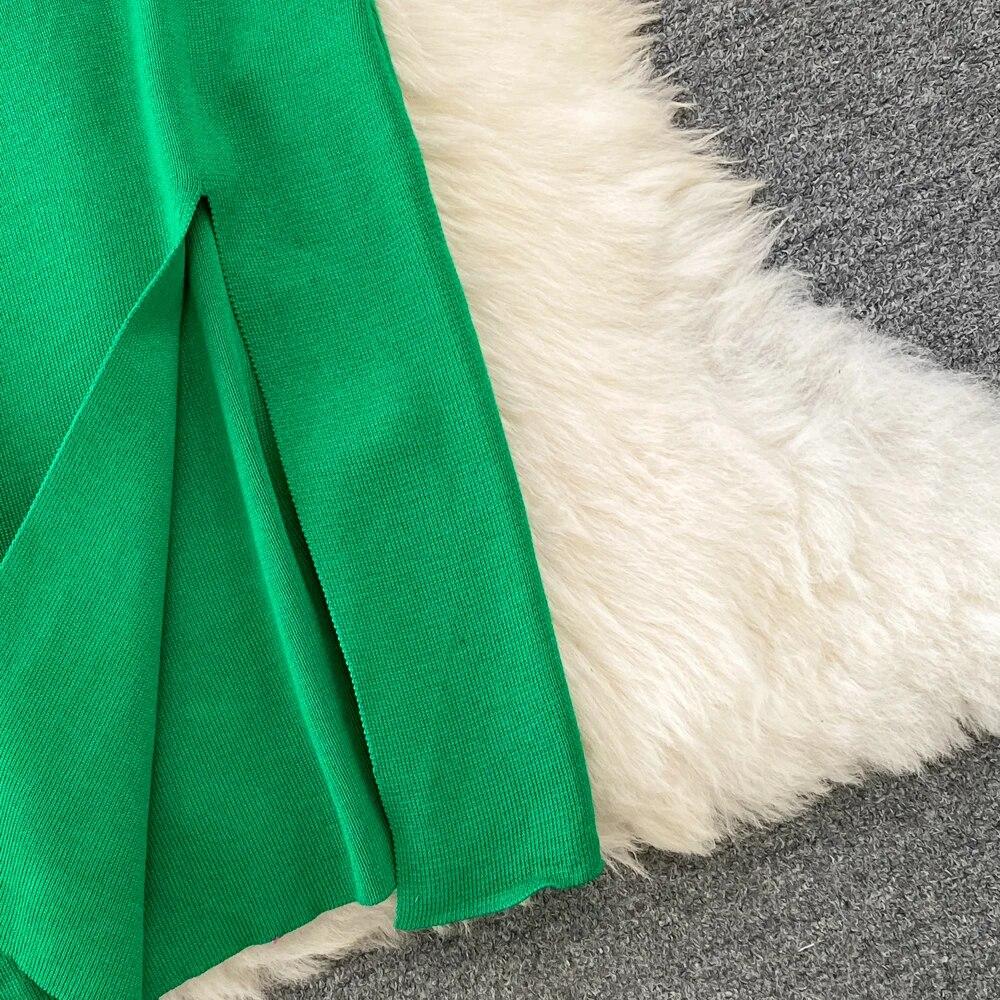 RUGOD France Sexy Knitted Club Dress Women Sleeveless Split Sundress Vintage Short Dress Feathers Montage Green Slim Dress