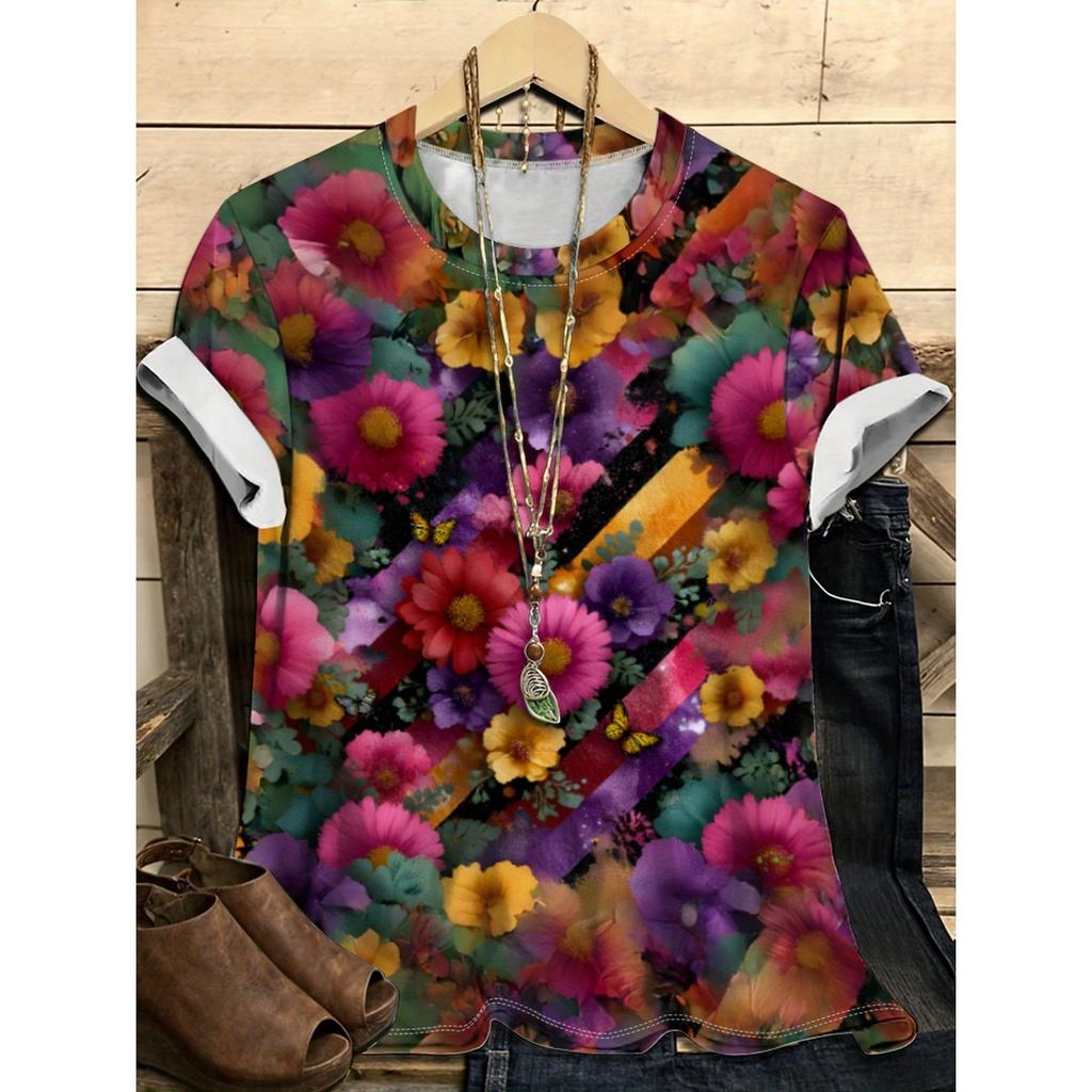 Letní dámské tričko s kulatým výstřihem, 3D potiskem květinového vzoru, módní, ležérní, barevné, s krátkým rukávem