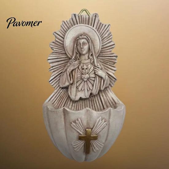 Catholic Wall Ornaments Sacred Heart of Mary Holy Water Font, Vintage Resin Basin Hanging, Religious Decor Ornament for Home Entrance Distressed