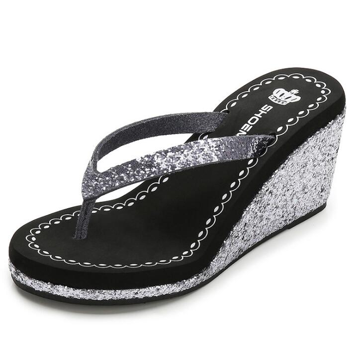 New summer Sequins Thick Bottom Slippers Sandals Summer Women Beach Wedges Shoes Sexy High Heel Rhinestone Flip Fops women