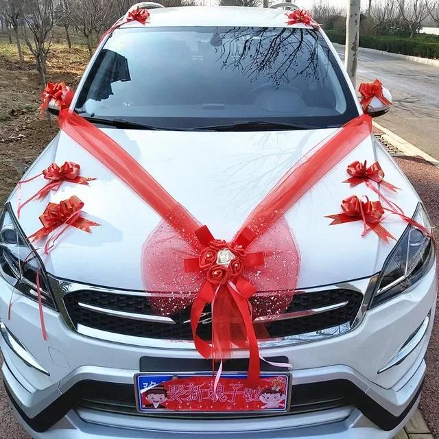 

Wedding Car Decoration Flower Set Cover Door Handle Ribbons Silk Flower Garland With Tulle Rose Accessory Wed Decor2025 червоний