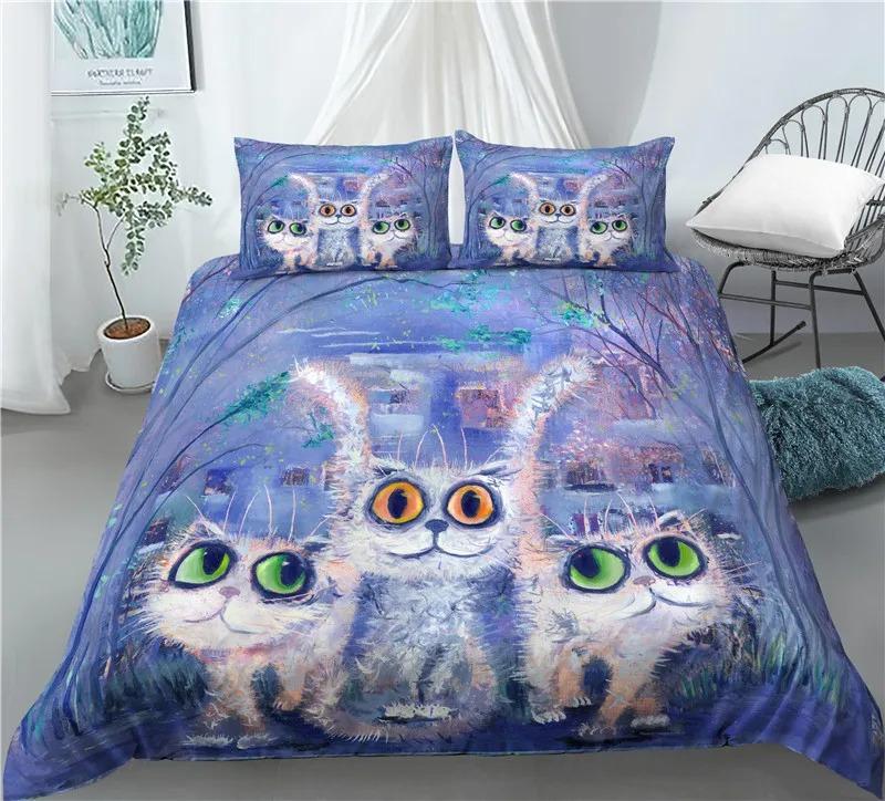 Kids Cat Duvet Cover Queen Size,Cartoon Kitten Sleeping on Crescent Moon Stars Night Dreams Polyester Comforter Cover for Kids