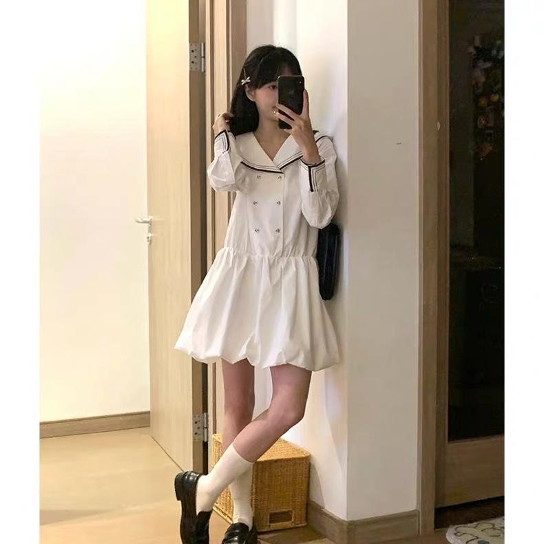 

Korean fashion design sense niche navy collar splicing dress female students summer waist thin bud skirt S белый