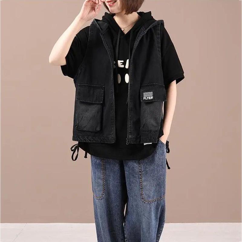 Chaleco vaquero informal con capucha para mujer, estilo boyfriend, holgado, de gran tamaño, sin mangas