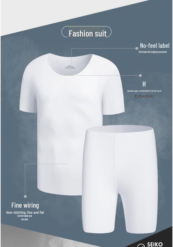 Ice Silk Short Sleeve Summer Pajama Set - Seamless Round Neck, Lightweight Home Sportswear