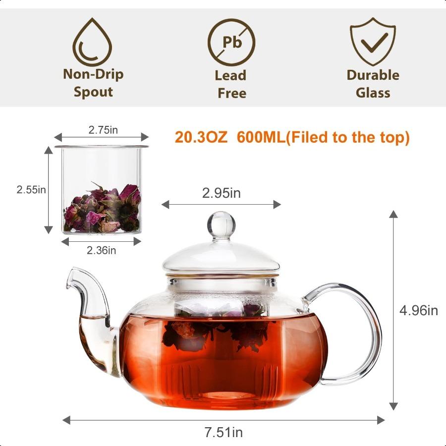 Glass Teapot Stovetop SafeClear Teapot with Removable Infuser 20.3 Oz Loose Leaf and Blooming Tea Maker