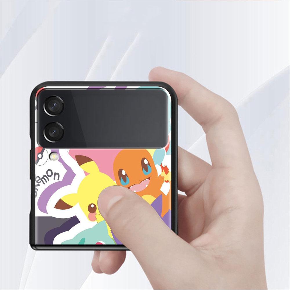 Z Flip 3 Case For Samsung Galaxy Z Flip 3 5G Black Hard Luxury Phone Cover Fall Prevention Fashion PC Shell Cute Pokemon EEvee