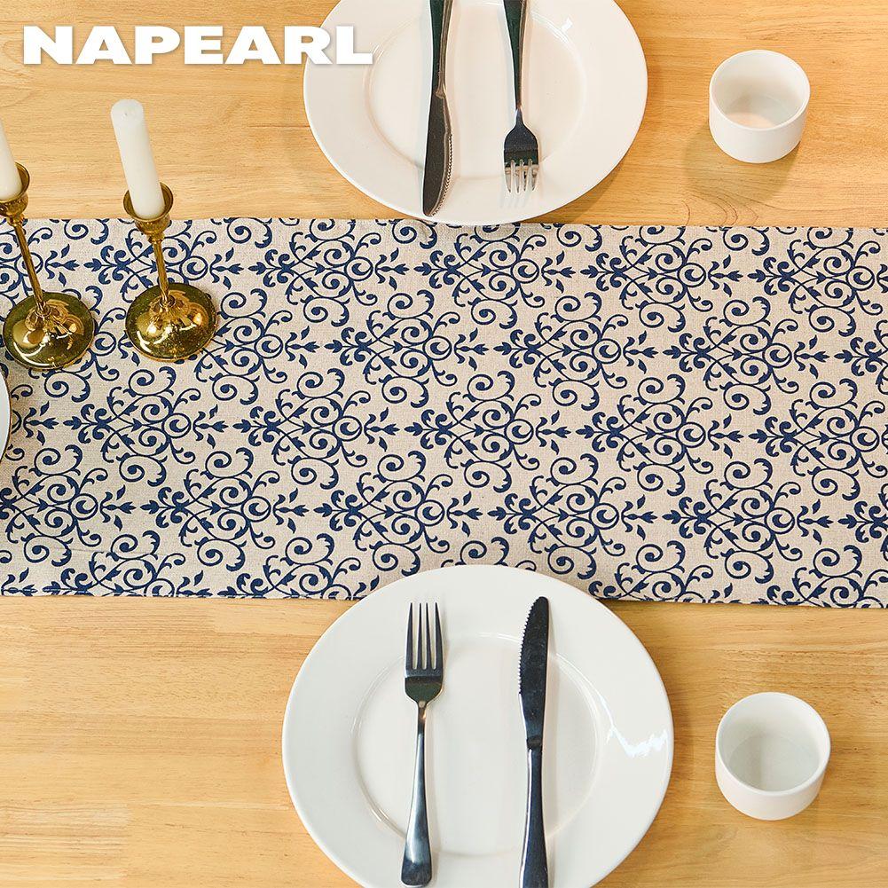 1PC NAPEARL Retro Chinese Blue and White Porcelain Printed Cotton and Linen Table Runner for Dining Table Coffee Table Home Decor