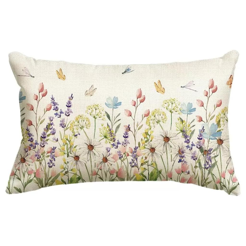 New Spring Flower Pillowcase Linen Printed Floral Sofa Cushion Cover Home Pillowcase