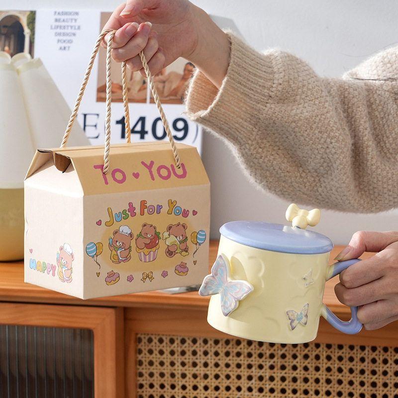 Embossed Butterfly High Looking Office Souvenir Ceramic Cup with Lid Mug  Couple Water Cup