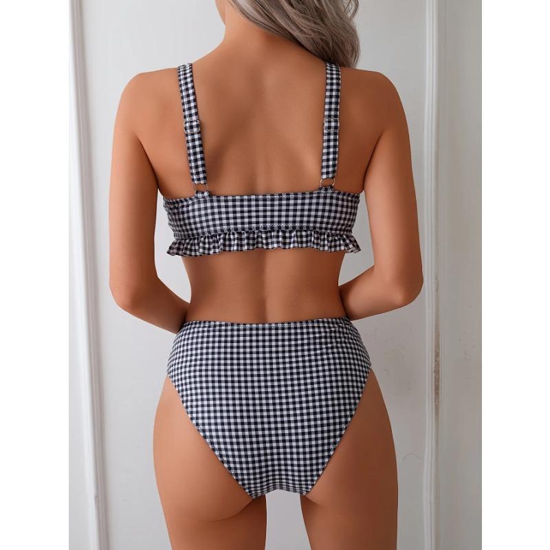 Sexy Plaid Printed Ruffled Frilled Bikini Women Swimwear Female Swimsuit Two-pieces Bikini Set Bather Bathing Suit Swim