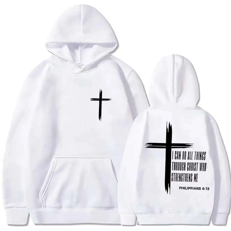 Men's Sweatshirt with Religious Cross Print and Motivational Text Pullover Style Autumn Fashion Casual Hooded Sweatshirt