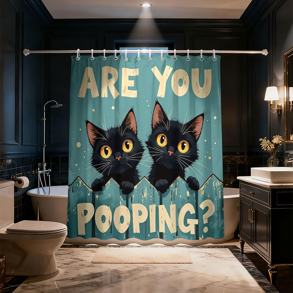 1Pc Cute Cat Text Printed Waterproof Shower Curtain Partition Privacy Hanging Curtain, 12 Hooks, Multiple Sizes