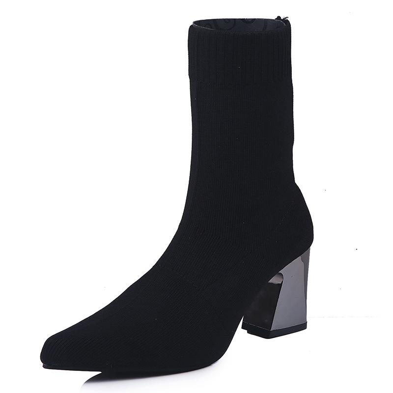 

Осень и зима новая вязаная обувь Мартин с острым носком толстый каблук высокий каблук большой размер короткие сапоги женские 35-43 43 чёрный