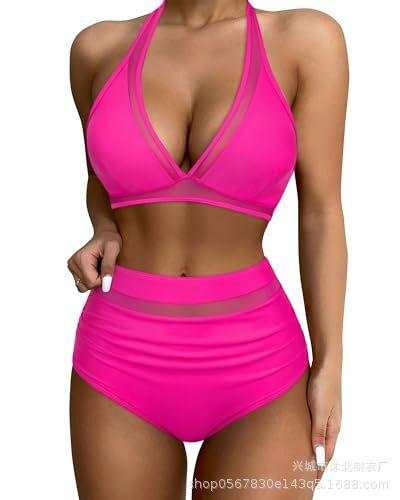 

Women s Sexy High Waist Bikini Set Mesh Belly Tuck, Two-piece Swimsuit XL рожевий червоний колір