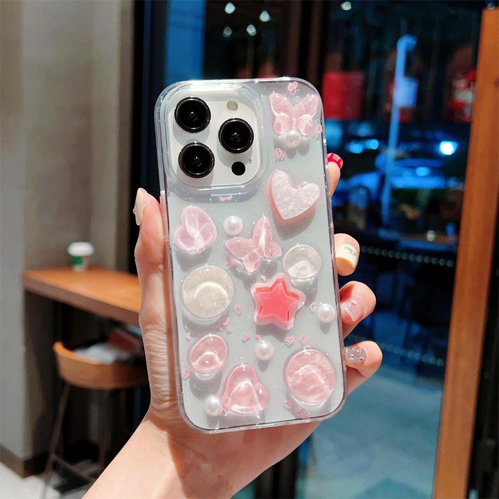 Cute 3D Laser Pink Butterfly Love Heart Pearl Case for iPhone 15 14 13 12 Pro Max 11 Glitter Clear Epoxy Shockproof Bumper Cover