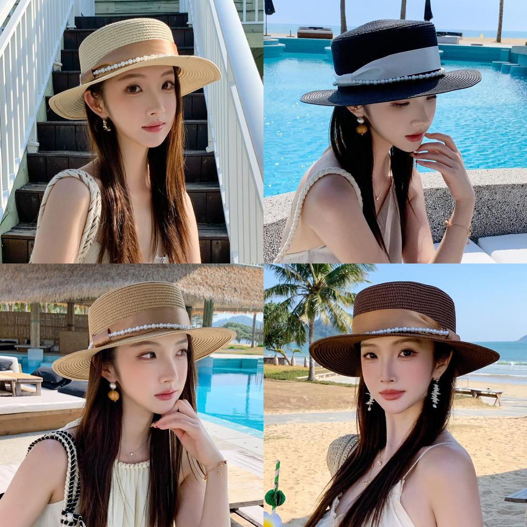 Classic French Vintage Pearl Sun Hat With Wide Brim For Summer Outdoor Sun Protection