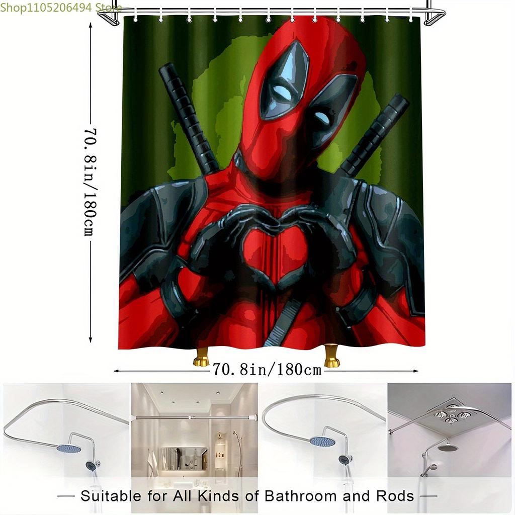 1pc Marvel Shower Curtain Deadpool Printed Pattern Bathroom Shower Curtain, Modern Shower Curtain, Shower Curtain with Hooks,