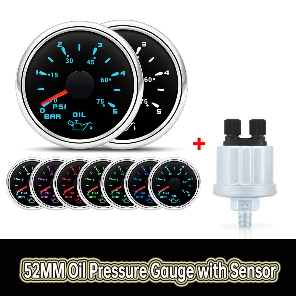 7 Color Backlight oil pressure gauge with sensor 0 to 5 bar 0-75PSI Auto Car Oil Press Meter For Marine Boat Yacht 12V24V