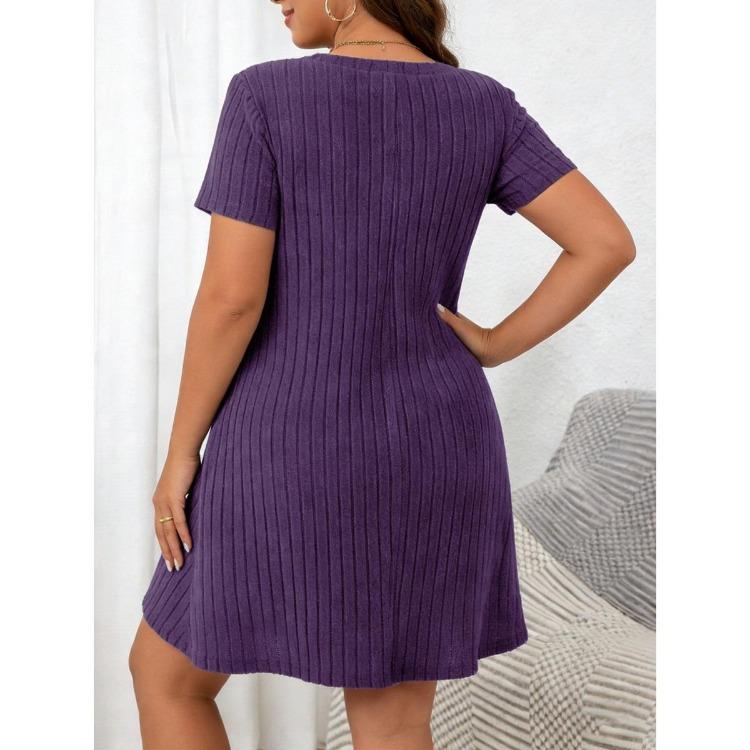 Spring Summer Plus Size Women V Neck Ribbed Short Sleeve Pullover Dress Solid Color New