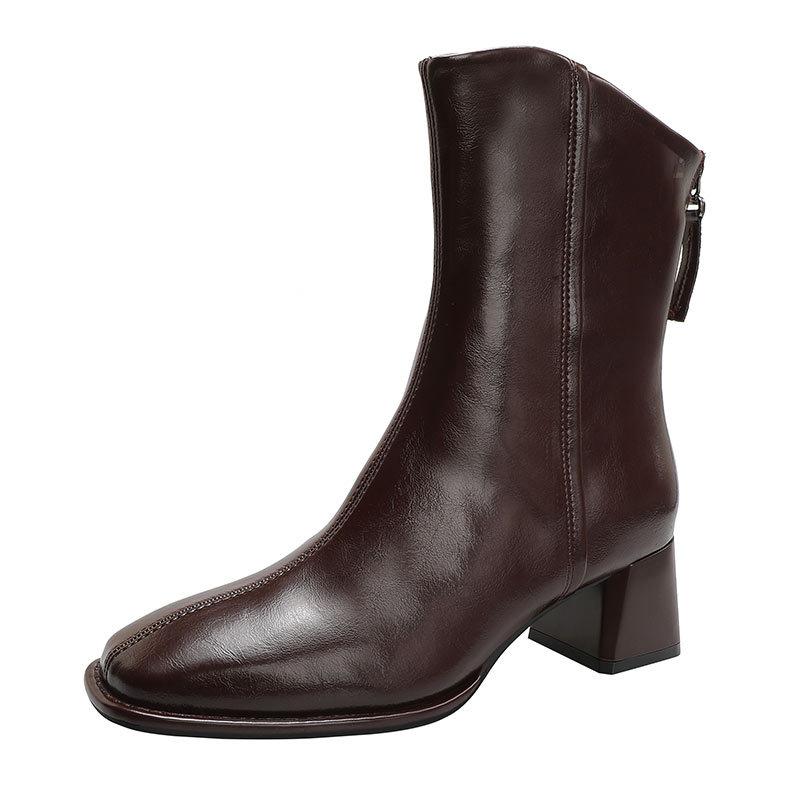 Thick Heel Short Boots Women's Spring and Autumn Single Boots 2025 New Oblique Medium Tube Women's Boots French Small Short Boots Square Head Thi