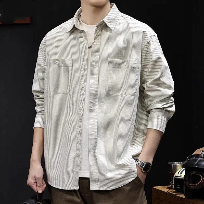 Men's White Striped Long Sleeve Shirt, Casual Button Down Top with Chest Pocket, Loose Fit for Daily Wear