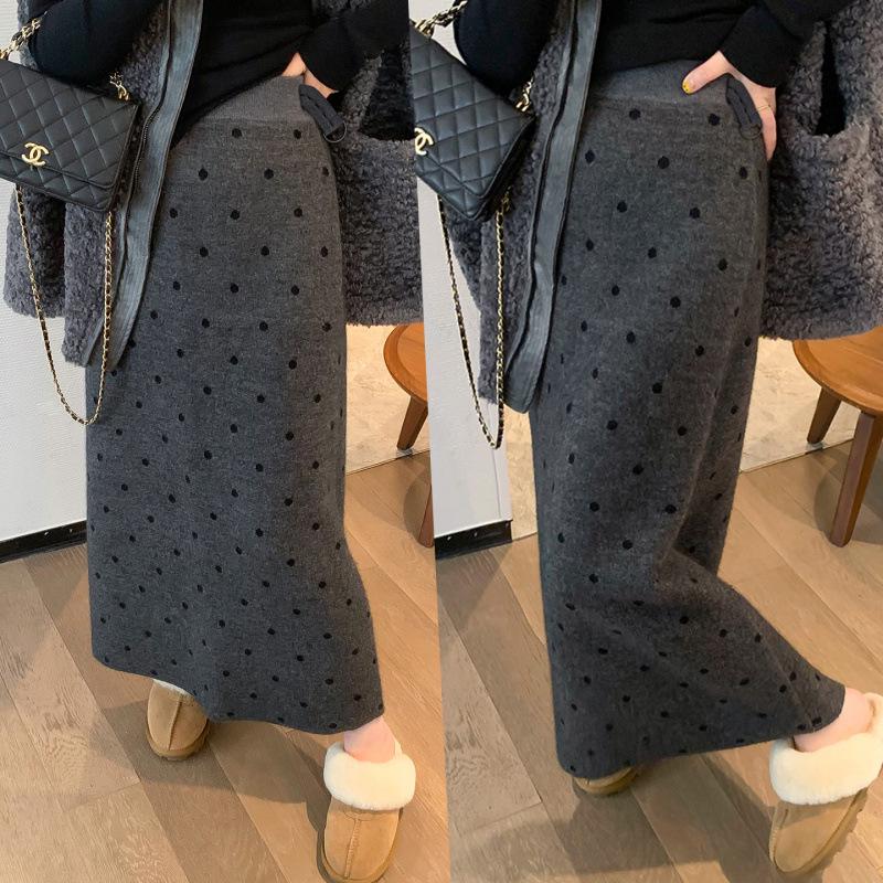 

Grey Polka Dot Knit Maternity A-Line Midi Skirt - Thick, Loose, Slimming, No Belly Support Extra Large