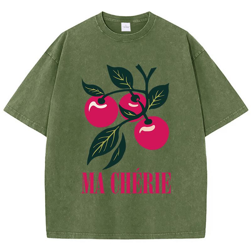 

Vibrant Cherries Printing Washed TShirts Womens Cotton T Shirts ONeck Comfortable Distressed Tops Summer Casual Woman Clothes S