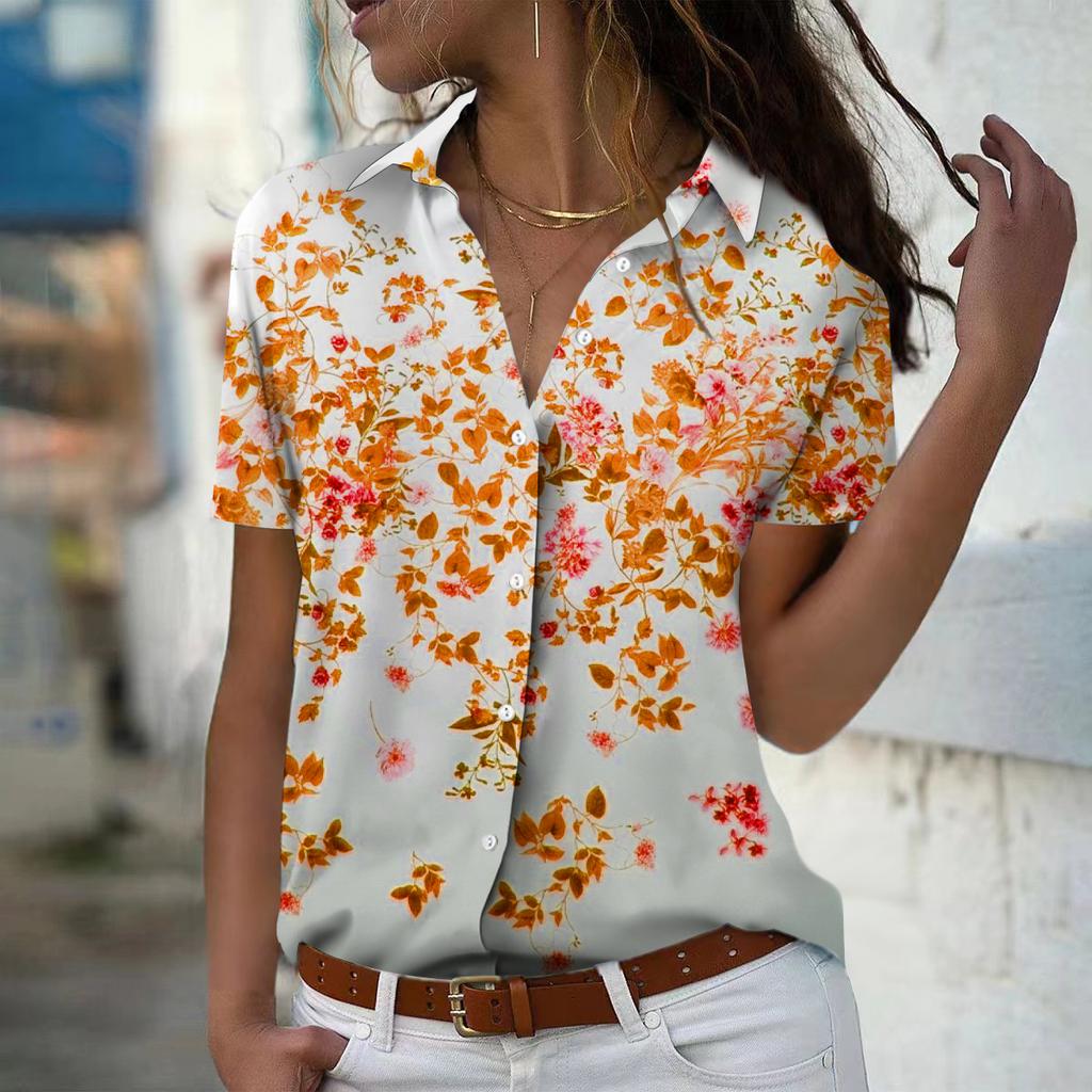2025 Summer New Fashion Women's Flower Printed Short Sleeve V-neck Casual Button-down Shirt Top