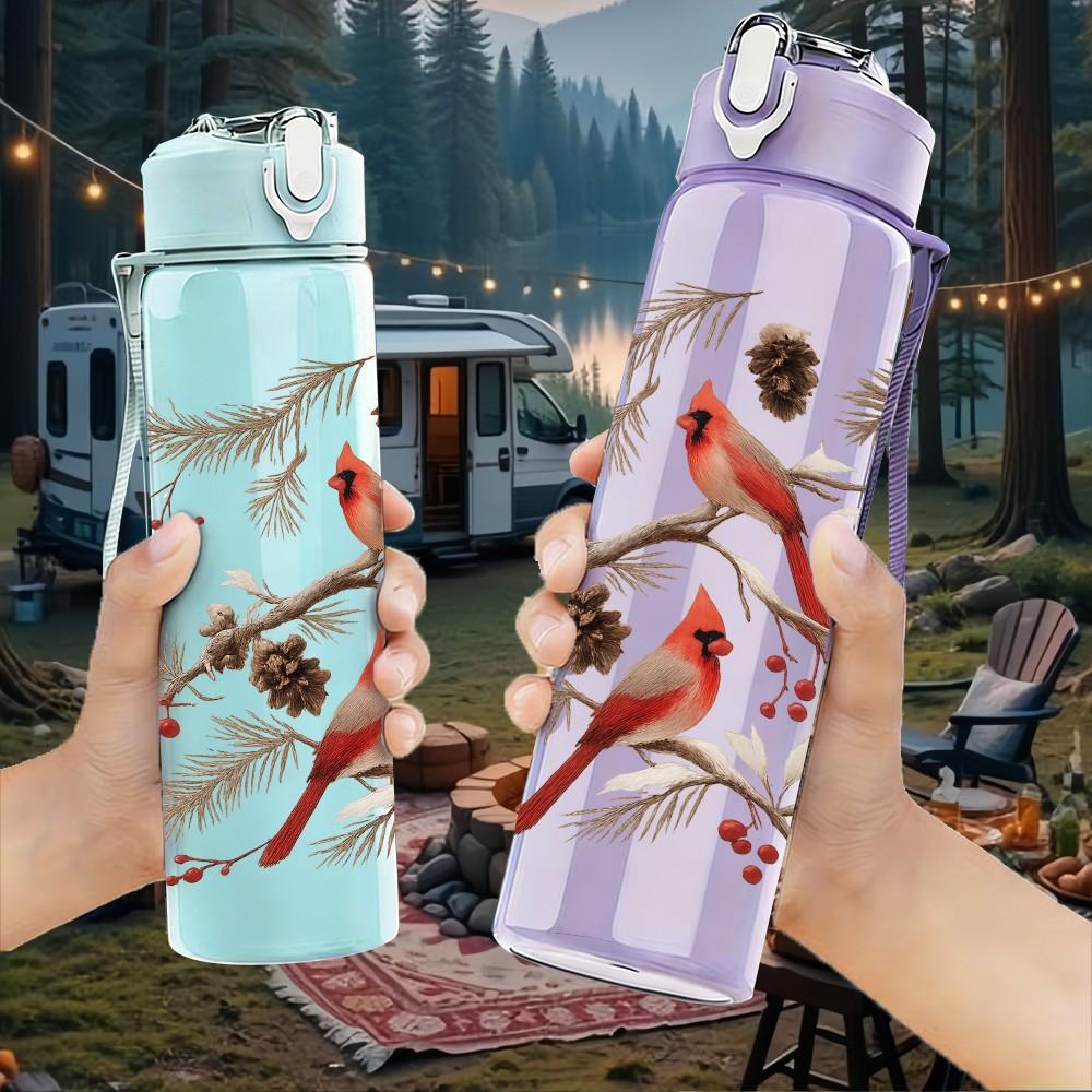 1PC Red Bird Winter Branch Print 750ml Color Plastic Sports Water Bottle Leakproof Flip Straw Lid Suitable for Sports Office Home Use
