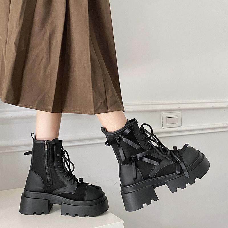 Chunky Platform Heels Women Ankle Boots Casaul Dress Height Increase Short Booties British Style Shoes  Mujer