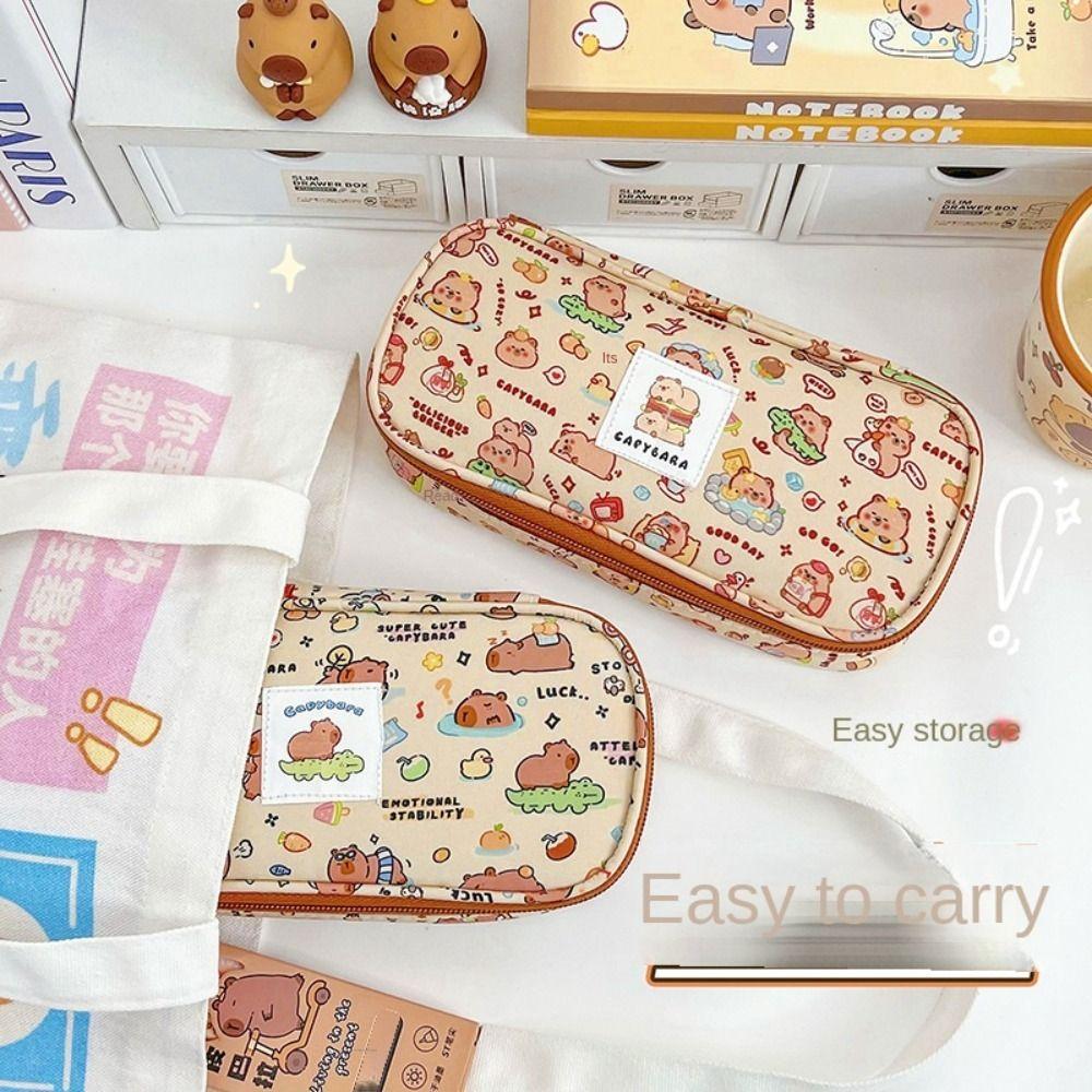 Canvas Capybara Stationery Bag Large Capacity Cartoon Pencil Bag Capybara Pencil Pouch  Students