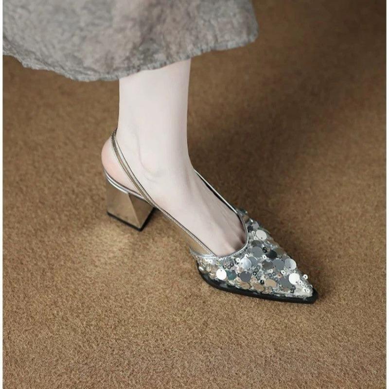 Fashion Sequin Baotou Sandals Women's Summer Outside Wear New French Temperament Pointed Toe Fashion Chunky High Heel Single Shoes