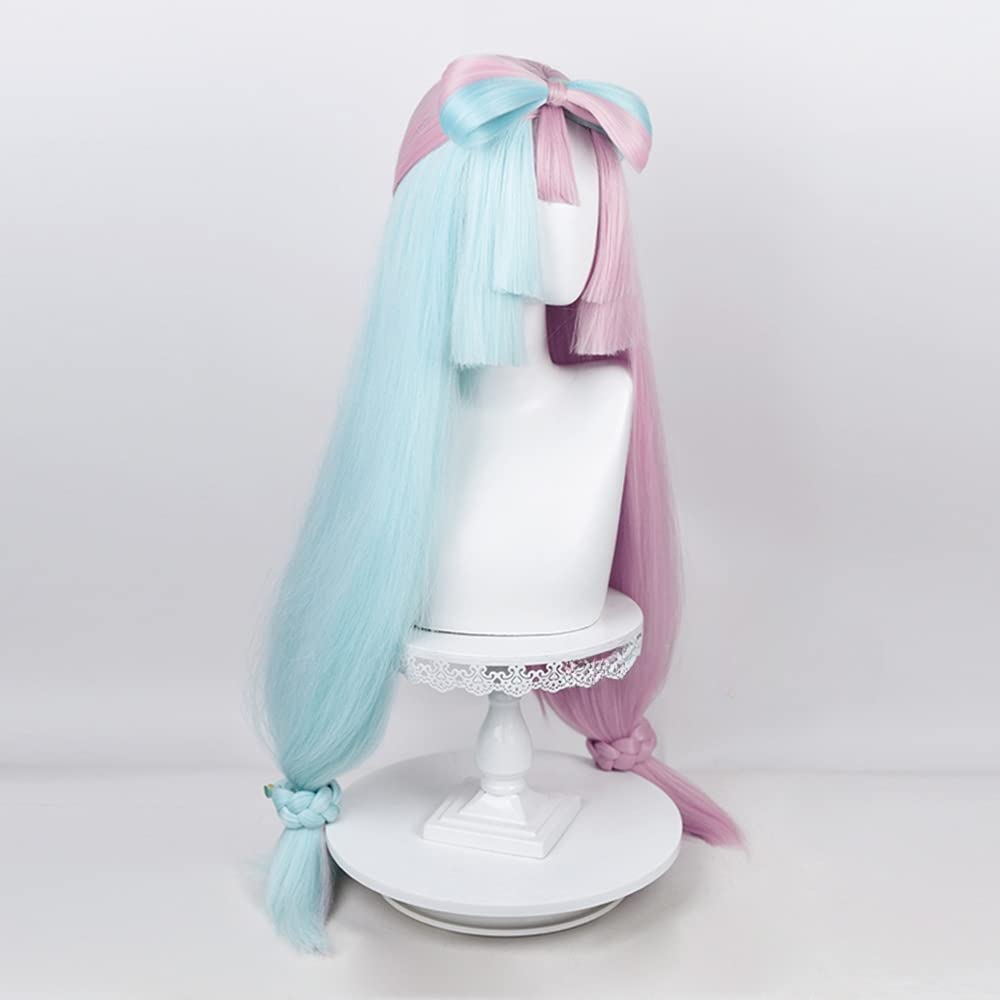 Cosplay wig with net, long, green and pink, heat-resistant wig