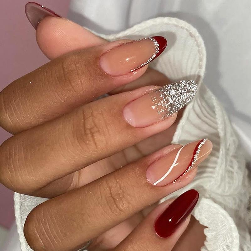 Wearable Almond Nail Tips: Silver Powder French Gradient Red False Nail Art Pieces (Removable)